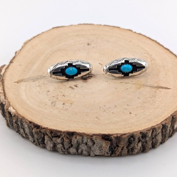 Navajo Shadow Box Turquoise Stud Earrings Sterling Silver Native Am Jewelry*** - Picture 5 of 10